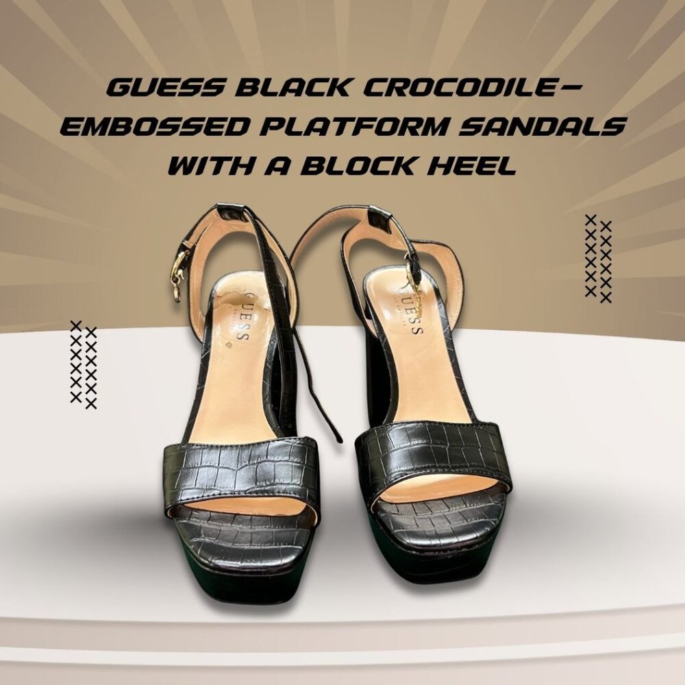 Guess Black Crocodile-Embossed Platform Sandals With Block Heel & Adjustable Str
